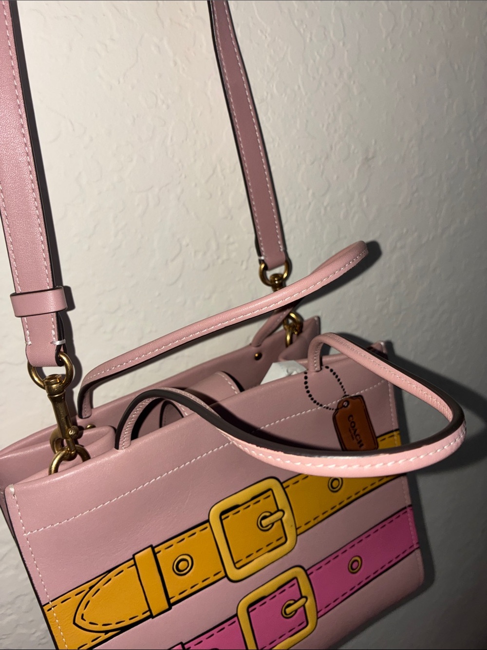 Coach Pink Leather Crossbody with Yellow & Pink Belt Detail - Picture 7 of 17